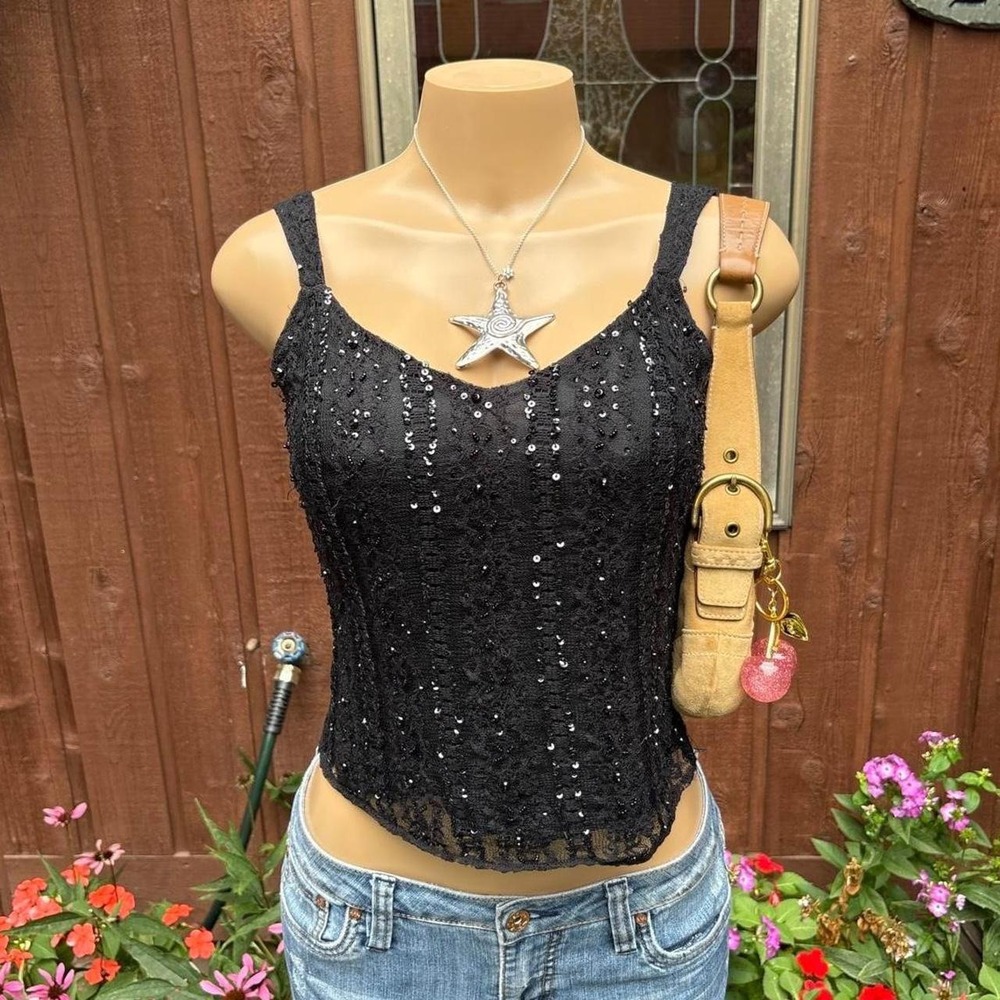 Y2K 2000s Tahari grunge Black Sequin Lace Corset Top Size S